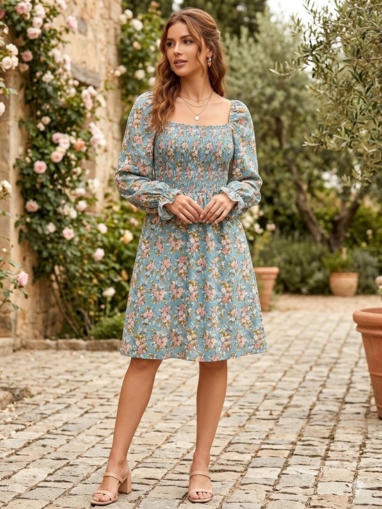 Double Take Dresses & Skirts - Double take Floral Smocked Square-Neck Dress turquoise